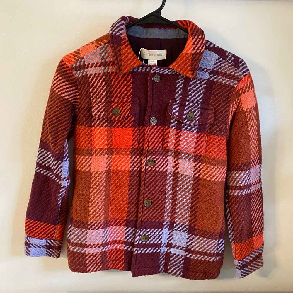 NWT OUTERKNOWN GIRLS CLOUD WEAVE SHIRT JACKET SHACKET PLUM ADDISON RED PLAID